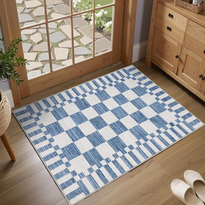 GarveeHome Dark Blue Checkered Rug 2x3 Washable Rug Non-Slip by GarveeHome