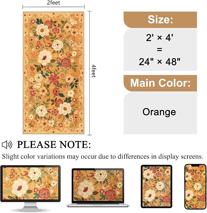 DUKINO 2x4 Rug for Entryway, Washable Kitchen Floral Runner Rug - Image 2