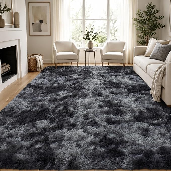 Area Rug for Living Room Bedroom: 9x12 Black Grey Soft Fluffy Shag Upgrade - Image 2