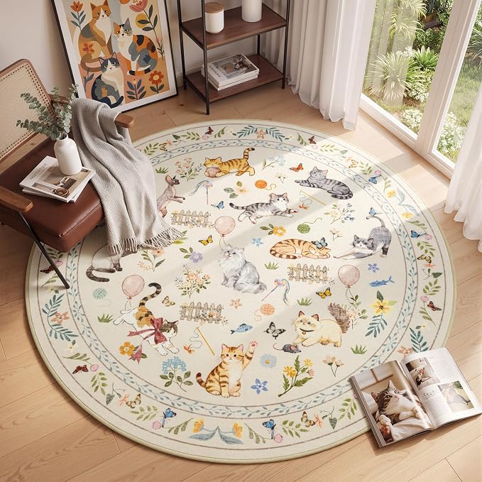 Unirea 4x4 Beige Cat Round Area Rugs, Washable Soft Non Slip Circle Rug - Image 6