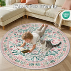 Round Area Rug for Living Room: 4 ft Floral Washable Circle Rug Soft Boho - Image 8