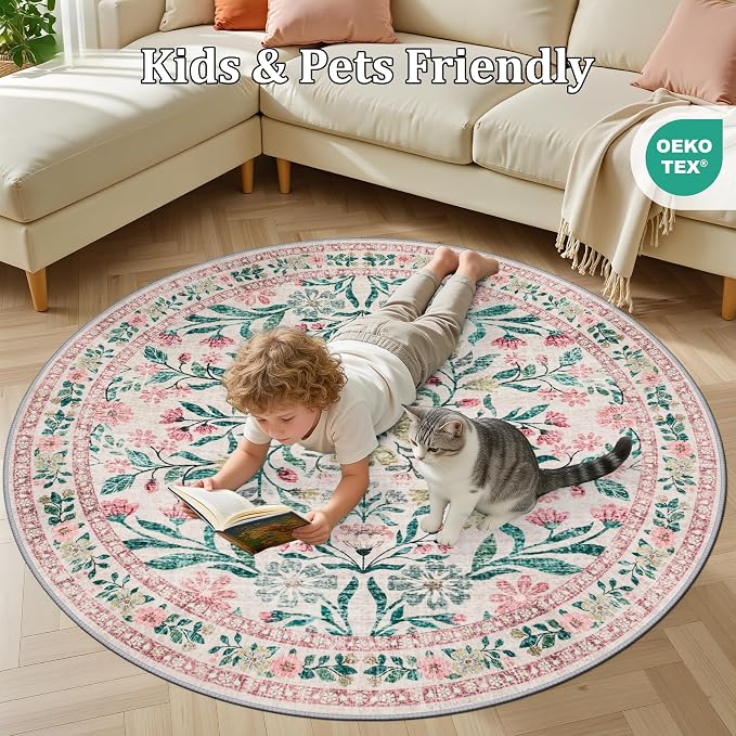 Round Area Rug for Living Room: 4 ft Floral Washable Circle Rug Soft Boho - Image 8