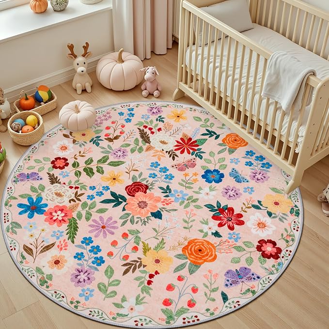 Round Area Rug for Living Room: 4 ft Floral Washable Circle Rug Soft Boho - Image 5