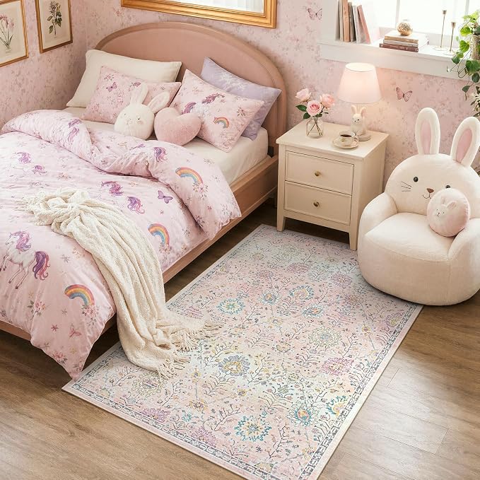 Lahome Girls Bedroom Pink Rug 3x5, Soft Washable Floral Area Rug - Image 5