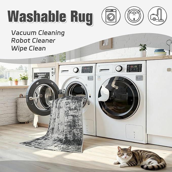 Area Rug 5x7 Living Room Rug Washable: No-Slip Abstract Soft Thin Large Gray - Image 2