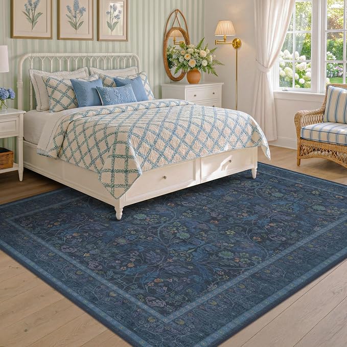 9x12 Vintage Big Floor Rugs for Living Room, Machine Washable Soft Dark Blue - Image 3