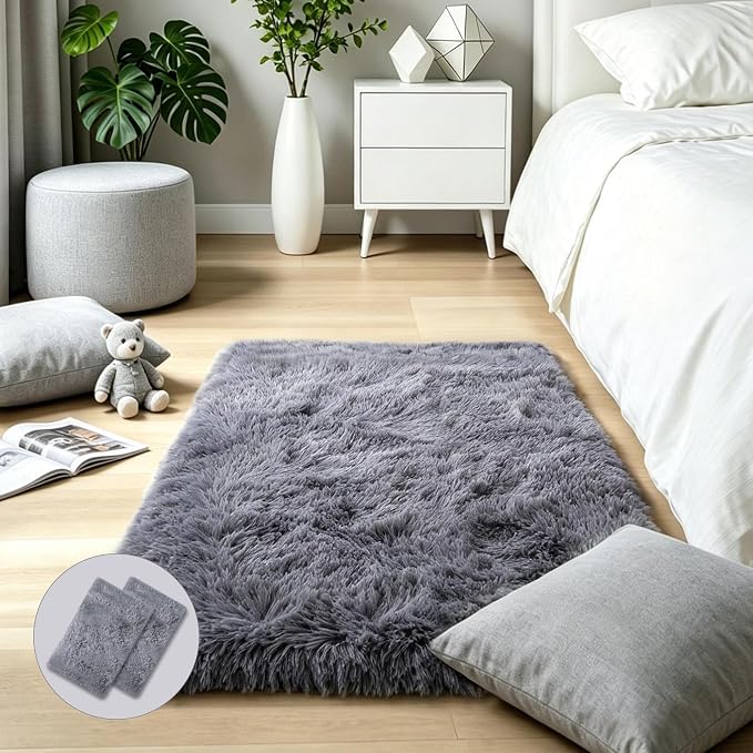 2x3 Grey Fluffy Shag Rug for Bedroom Soft Plush Fuzzy Washable Non Slip Carpet by KICHOWUA