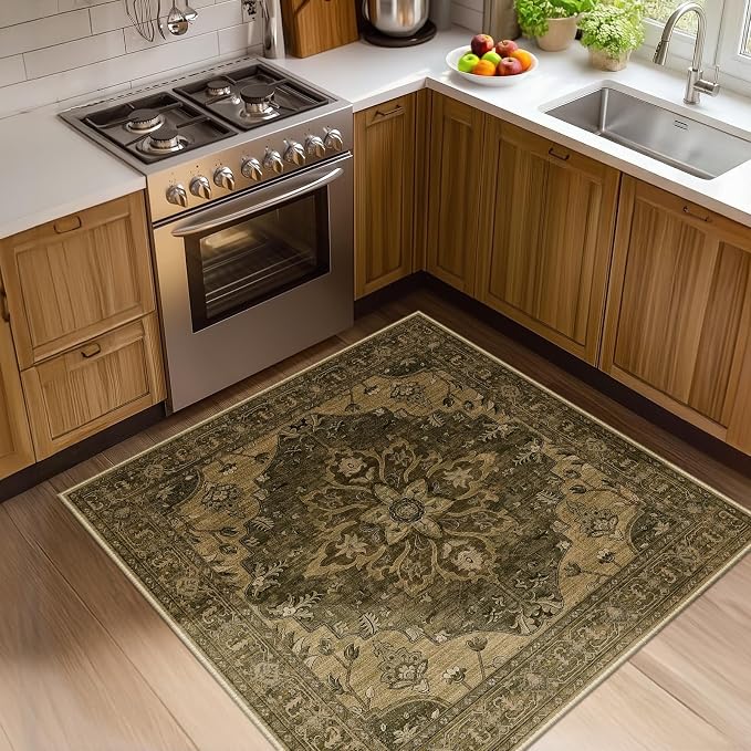 RELEANY Area Rugs Square 4ft Washable Non-Slip, Floral Vintage Distress by RELEANY