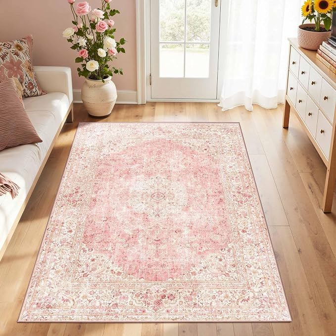 Latte&Fog 3x5 Entryway Pink Area Rugs, Vintage Floral Washable Rugs Cute Girls by LatteFog