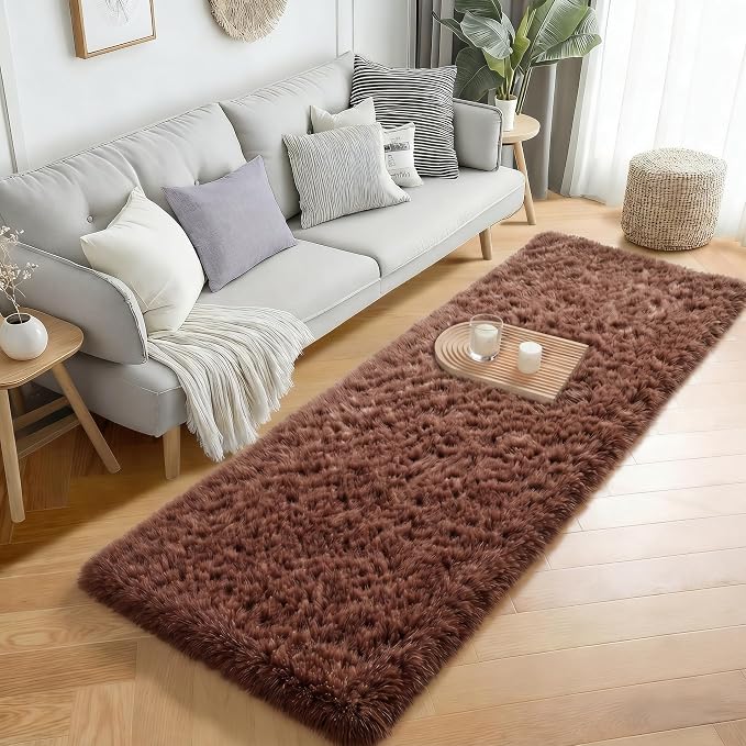 Brown Runner Rug 2' x 6', Fluffy Coffee Rugs - Image 3