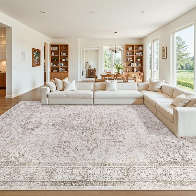 9x12 Area Rugs for Living Room:Beige Washable Vintage Medallion Carpet Non-Slip by Unknown