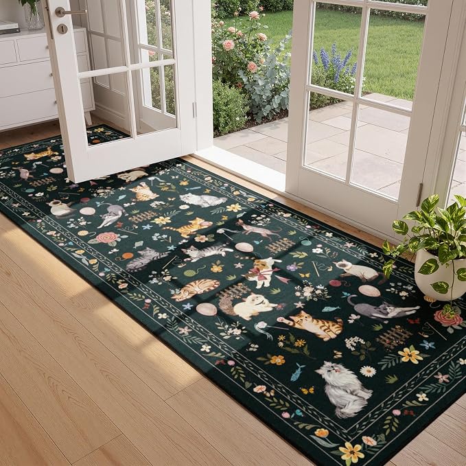 Unirea 2x6 Black Cat Runner Rug, Washable Non Slip Botanical Rug - Image 9