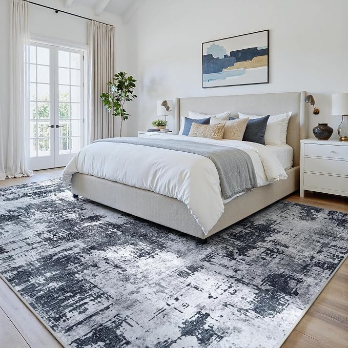 6x9 Area Rugs for Living Room Washable: Abstract Soft Thin Low Pile Black Rug - Image 9