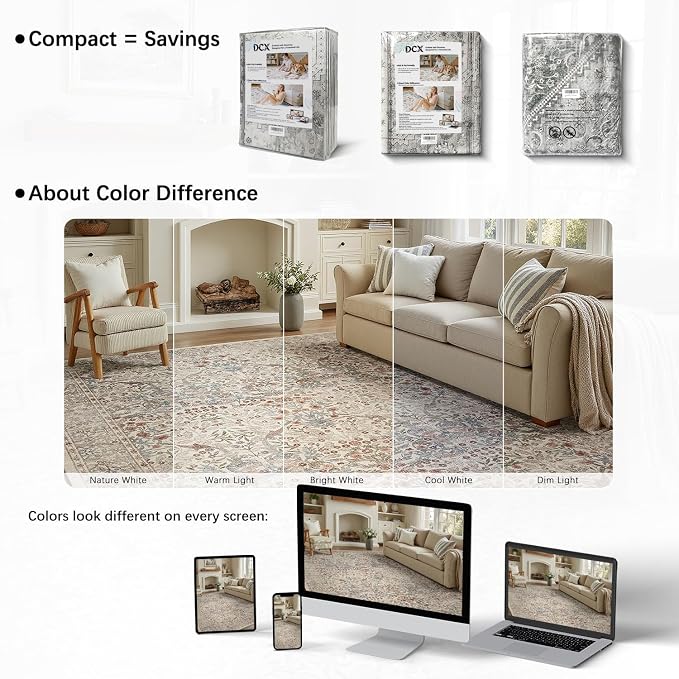 DCX Beige Area Rugs 9x12, Machine Washable Non Slip Stain Resistant Soft - Image 5