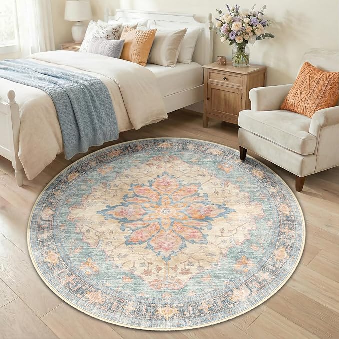 RELEANY Area Rugs Round 5ft Washable Non-Slip, Floral Vintage Distress by RELEANY