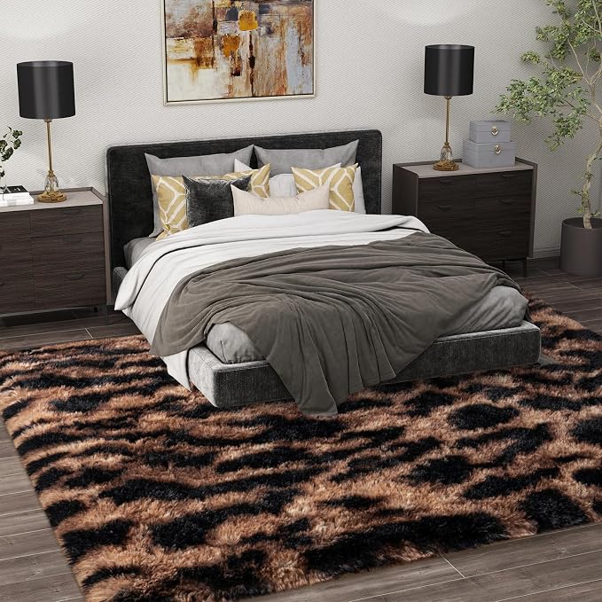 Shag Rugs for Living Room 5x7, Ultra Soft Tie-Dyed Brown Leopard Big Fuzzy Rugs - Image 4