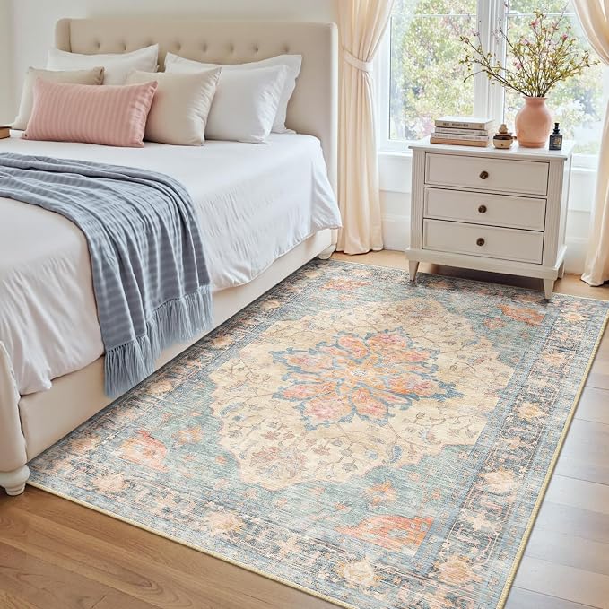 RELEANY Area Rugs 4'x6' Washable Non-Slip, Floral Vintage Distress Medallion - Image 2