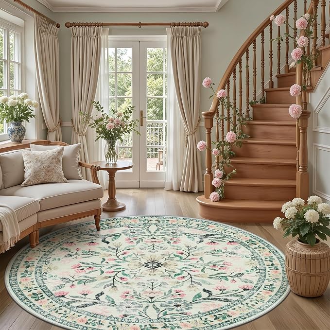 Round Area Rug for Living Room: 8 ft Floral Washable Circle Rug Soft Boho - Image 5
