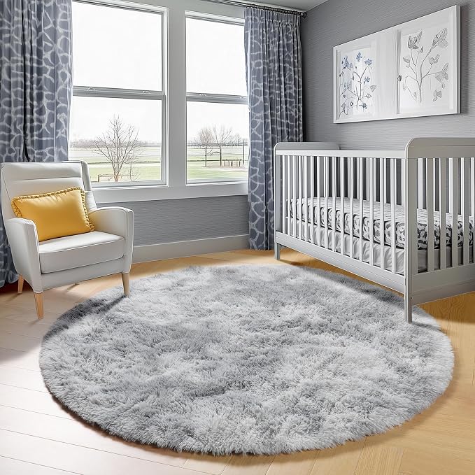 ONASAR Round Rugs 5ft for Bedroom Living Room, Fluffy Tie-Dyed Light Grey - Image 7