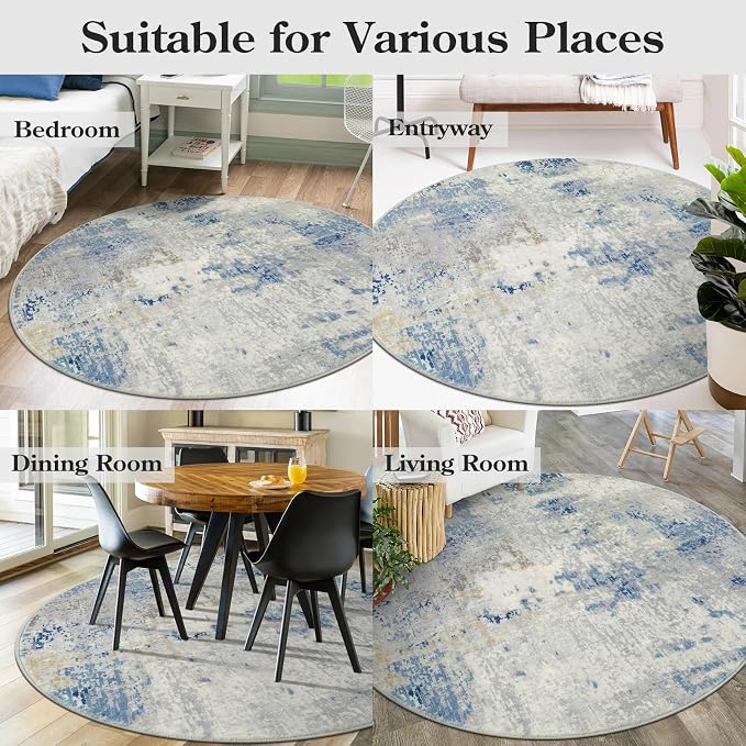 Lahome Modern Abstract Round Rug - 6Ft Large Blue Living Room Rug Washable 6x6 - Image 7