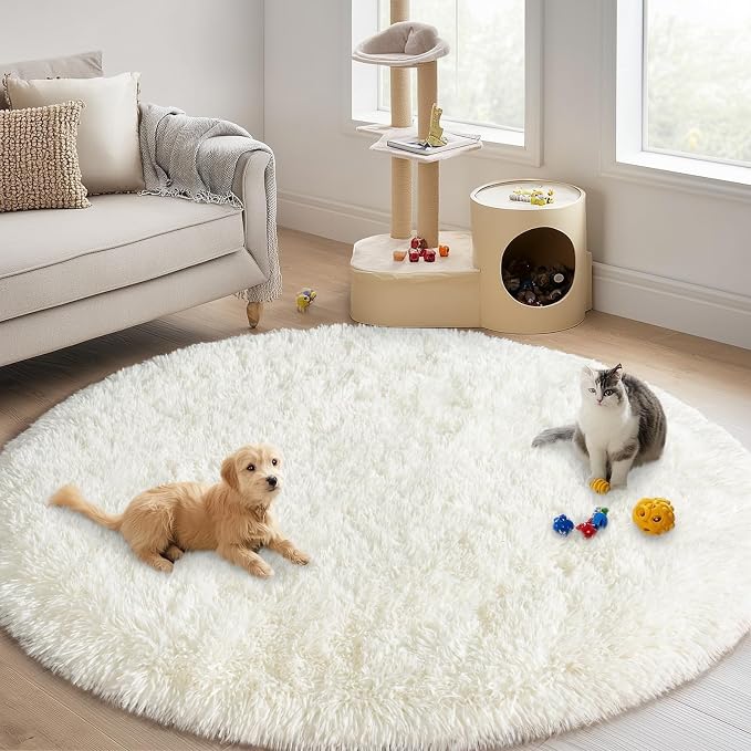 Round White Rug for Bedroom, 6 ft Circle Area Rugs for Living Room, Soft Fluffy - Image 4