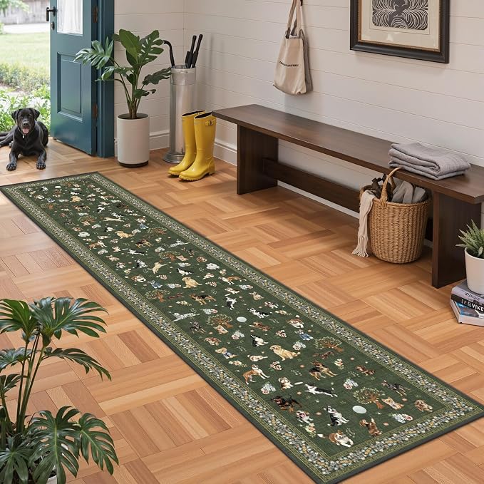 Dog Hallway Runner Dark Green Carpet Non-Slip, 2x10 Washable Rug Ultra-Thin Soft - Image 3