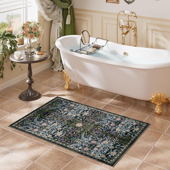 AMTOVO 2x3 Washable Entryway Area Rug Door Mat, Vintage Boho Floral Distressed - Image 3