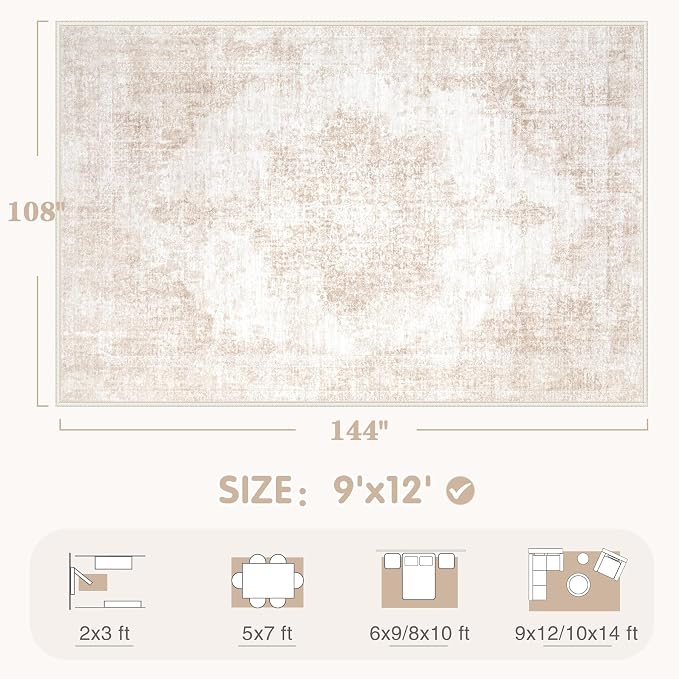 Area Rug 9x12 Vintage Rugs: Large Washable Living Room Rug Retro Medallion - Image 2