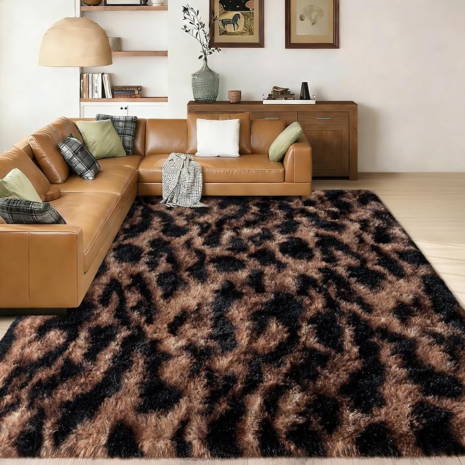 Shag Rugs for Living Room 5x7, Ultra Soft Tie-Dyed Brown Leopard Big Fuzzy Rugs - Image 2