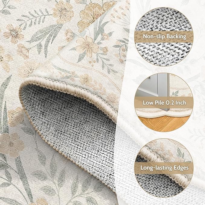 Scalloped Floral Rug 8x10, Neutral Beige Washable Non Slip Large Area Rug - Image 5