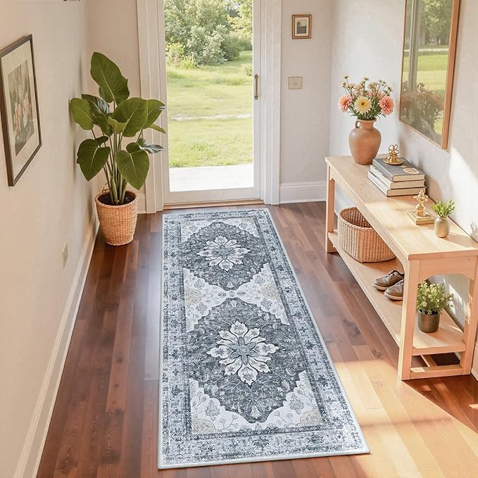 RELEANY Area Rugs Runner 2'x6' Washable Non-Slip, Floral Vintage Distress by RELEANY