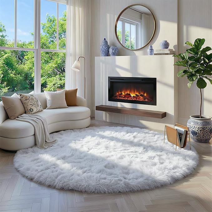 Round Rugs 5Ft White Circle Area Rug, Fluffy Fuzzy Bedroom Carpets - Image 5