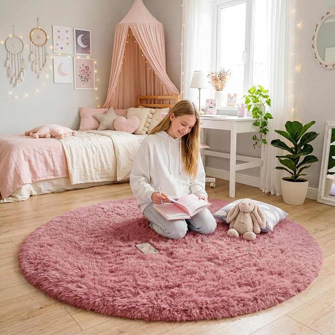 Blush Pink Big Round Rug 7Ft for Kids Bedroom, Fluffy Fuzzy Furry Circle Area - Image 3