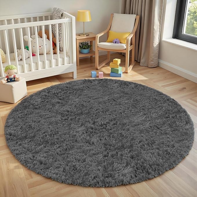 Dark Gray Round Fluffy Rug 5ft Plush Fuzzy Shaggy Carpet, Soft Rugs - Image 9