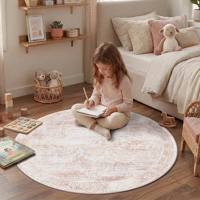 Latte&Fog 4ft Pink Floral Round Circle Area Rug, Low Pile Non Slip Indoor Small - Image 4