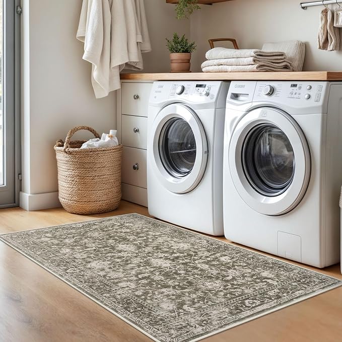 KILOCOCO Area Rug 3x5 Entryway Rug Washable Printed Vintage Floral Rubber - Image 8