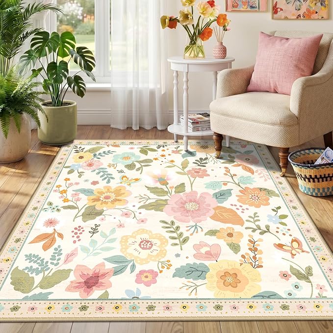 RELEANY Floral Square 6ft Area Rugs Washable Print Boho Cute Carpet Non Slip - Image 8
