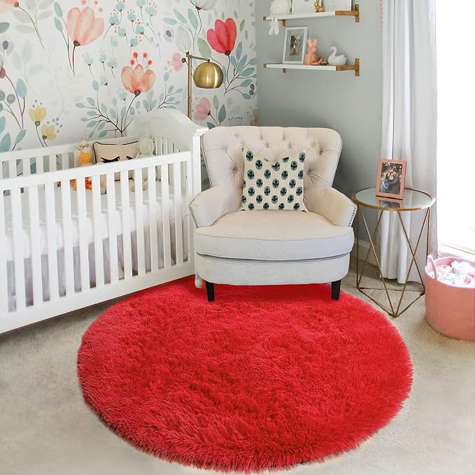 Red Round Rug 4Ft for Bedroom, Fluffy Shag Circle Area Rugs for Kids Room Decor - Image 8