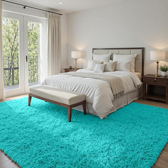 5x7 Area Rugs for Living Room Rug: Soft Fluffy Shag Teal Blue Rugs for Bedroom - Image 2