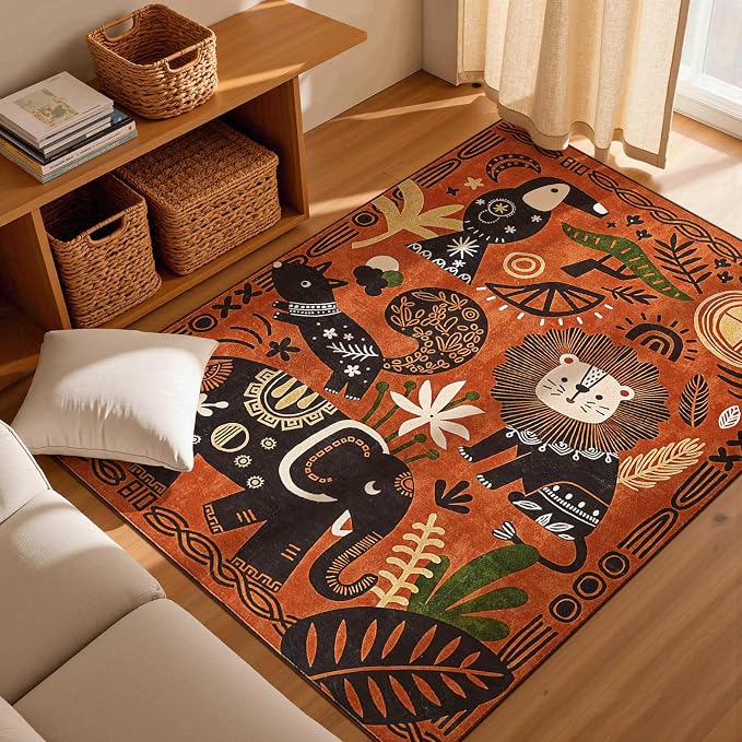jinchan 5x7 Cute Area Rug Kids Washable Fun Rug Terracotta Boho Jungle Indoor - Image 3
