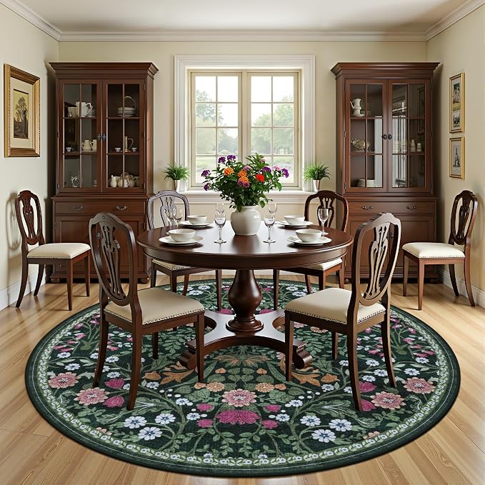 Round Area Rug for Living Room: 8 ft Floral Washable Circle Rug Soft Boho - Image 3