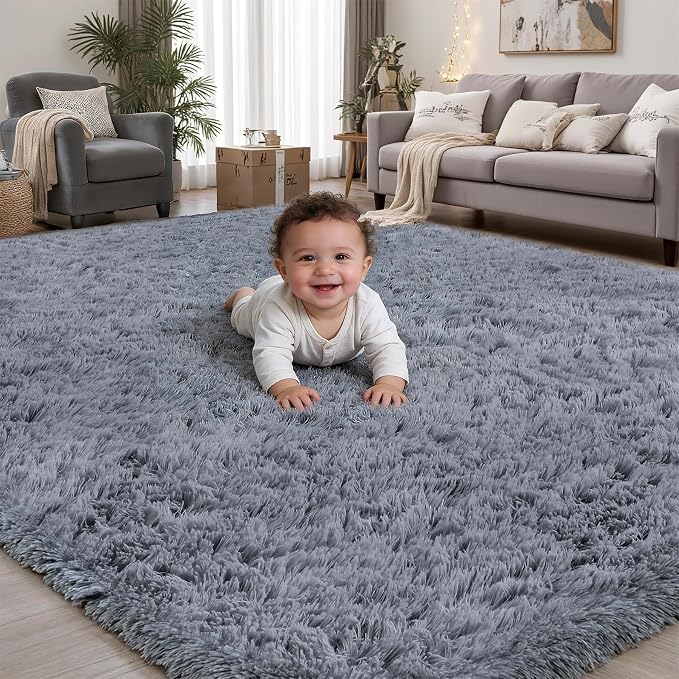 Area Rug for Living Room Bedroom: 9x12 Grey Soft Fluffy Shag Upgrade Non-Slip by PLHXFRSoftAreaRugs