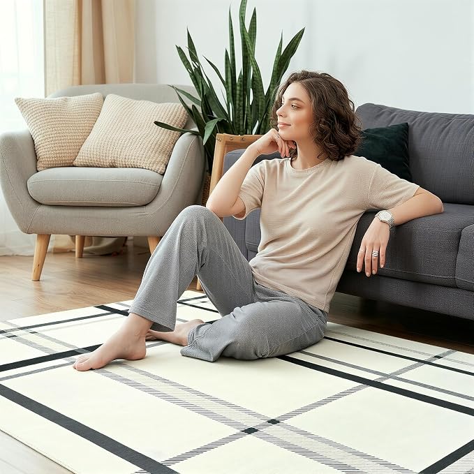 Terrug Plaid Area Rug for Bedroom, Soft Low Pile Stain Resistance Abstract - Image 4
