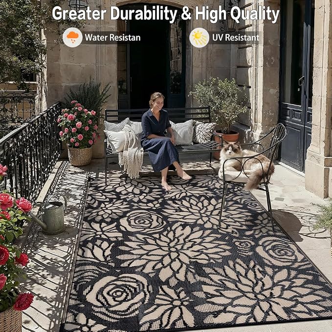 Outdoor Plastic Straw Rug Waterproof Patio 6x9 Black Brown Floral Mat - Image 6