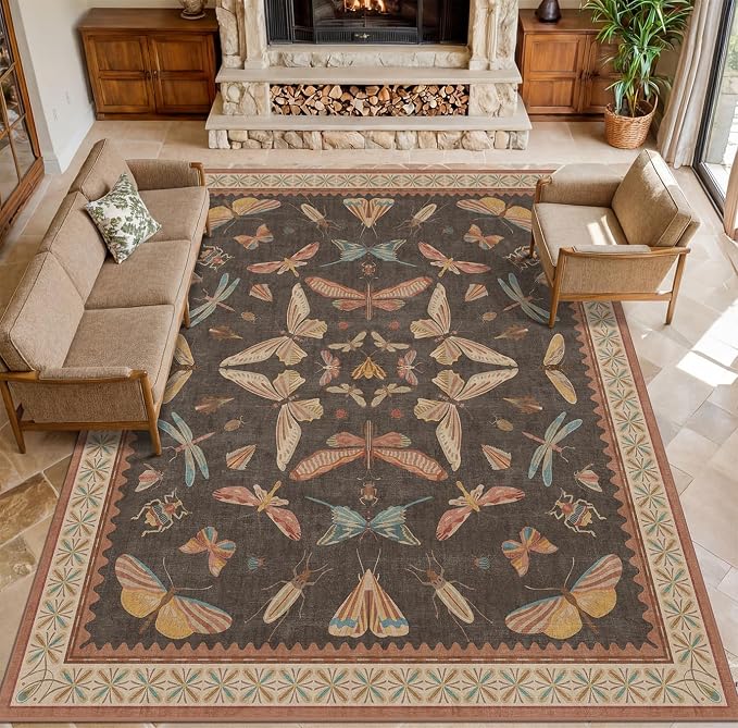 Brown Large 8x10 Living Room Area Rug, Unique Washable Insect Rugs - Image 3