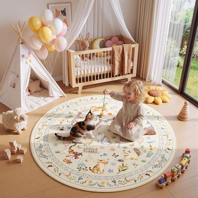 Unirea 4x4 Beige Cat Round Area Rugs, Washable Soft Non Slip Circle Rug by UNIREA