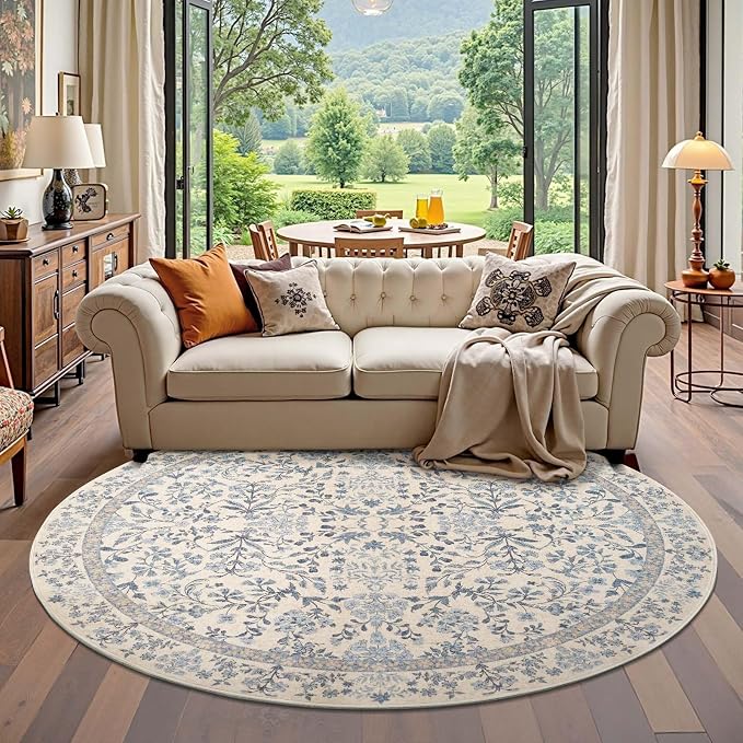 jinchan Zenith Round Rug 6ft Area Rug Soft 6'Round Vintage Floral Rug Non-Slip - Image 4