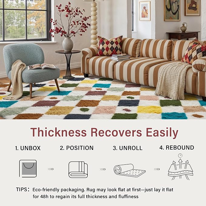 PureCozy Checkered Rug 4x6 Fluffy Shag Living Room Rainbow Area Rug Modern - Image 4