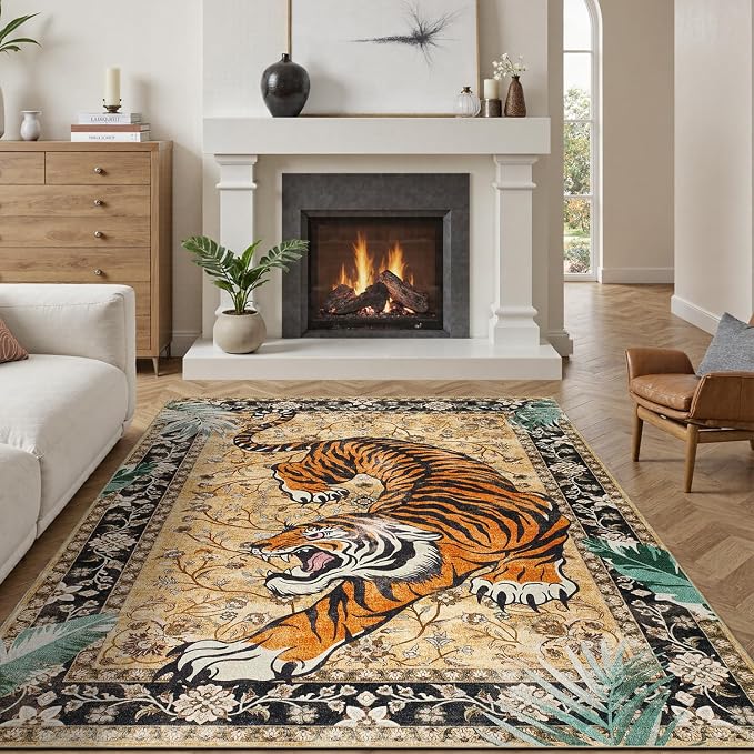 DCX Washable 9x12 Tiger Area Rug, Soft Low Pile Carpet, Kid & Pet Friendly - Image 7
