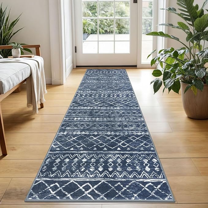 KUTA Boho Kitchen Rugs 2x5 ft Navy Blue Moroccan Washable Runner Rug Non-Slip by KUTA